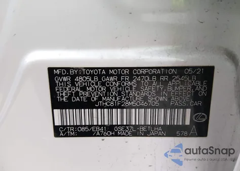 2021 Lexus Is 300 z USA, uszkodzony, nr VIN JTHC81F28M5046705